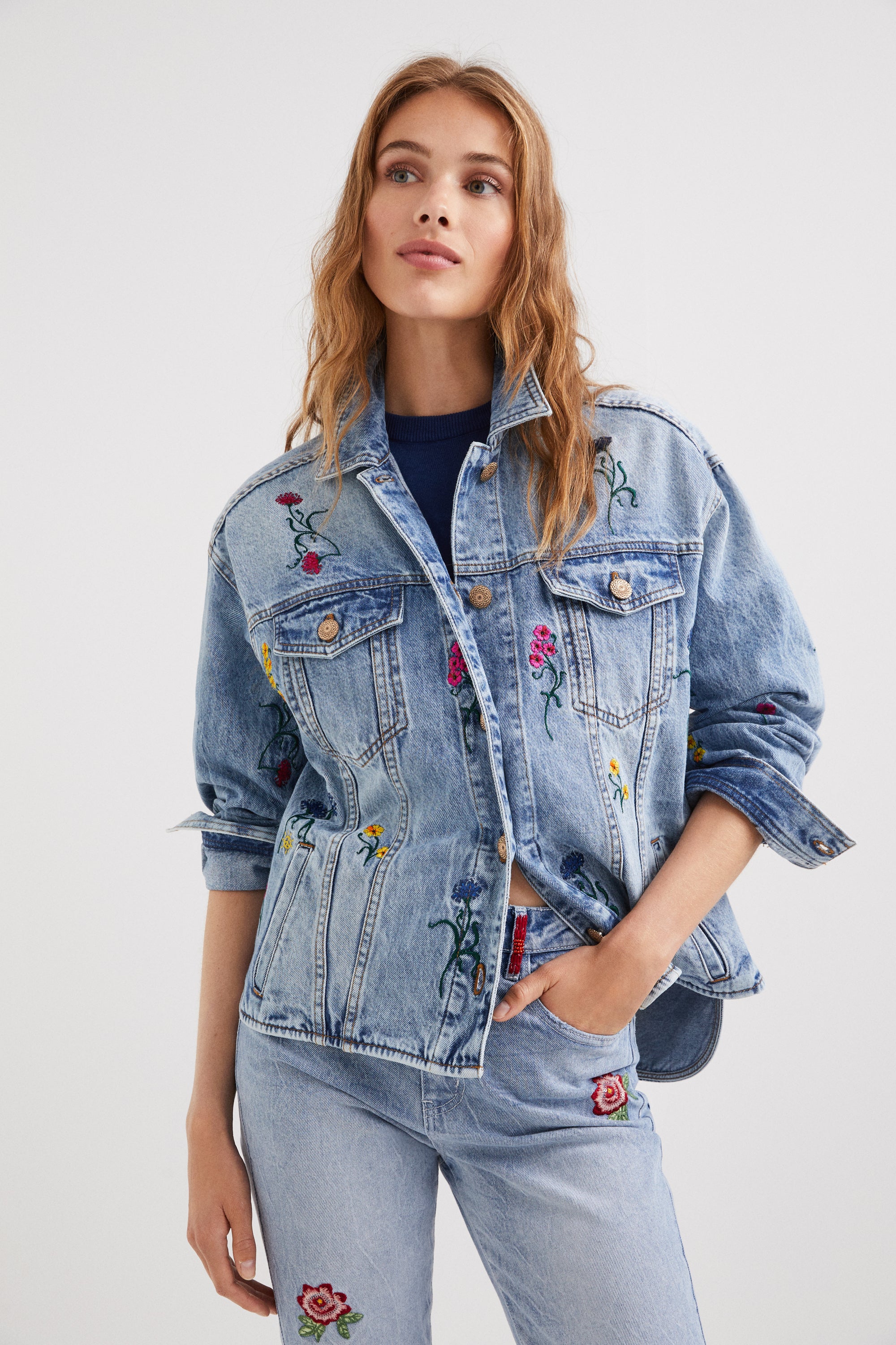 Embroidered oversized denim sales jacket